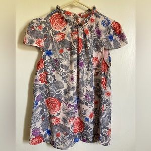 *ModCloth Cream Colored Floral Ruffle Neck Cap Sleeve Blouse #Gy